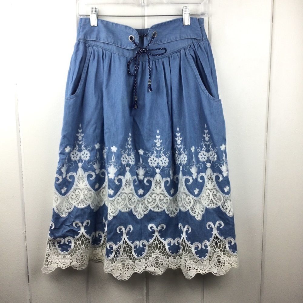 Desigual Chambray Skirt Lace Blue Denim Skirt w/Lace, Size - 2